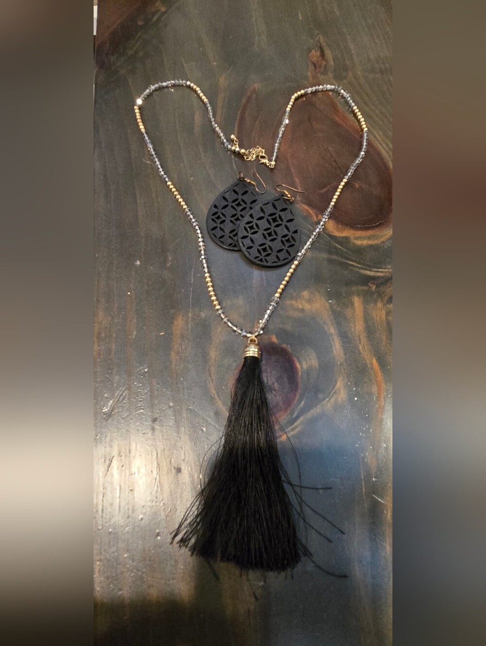 Black Tassel Necklace and Earrings Set - Unbranded